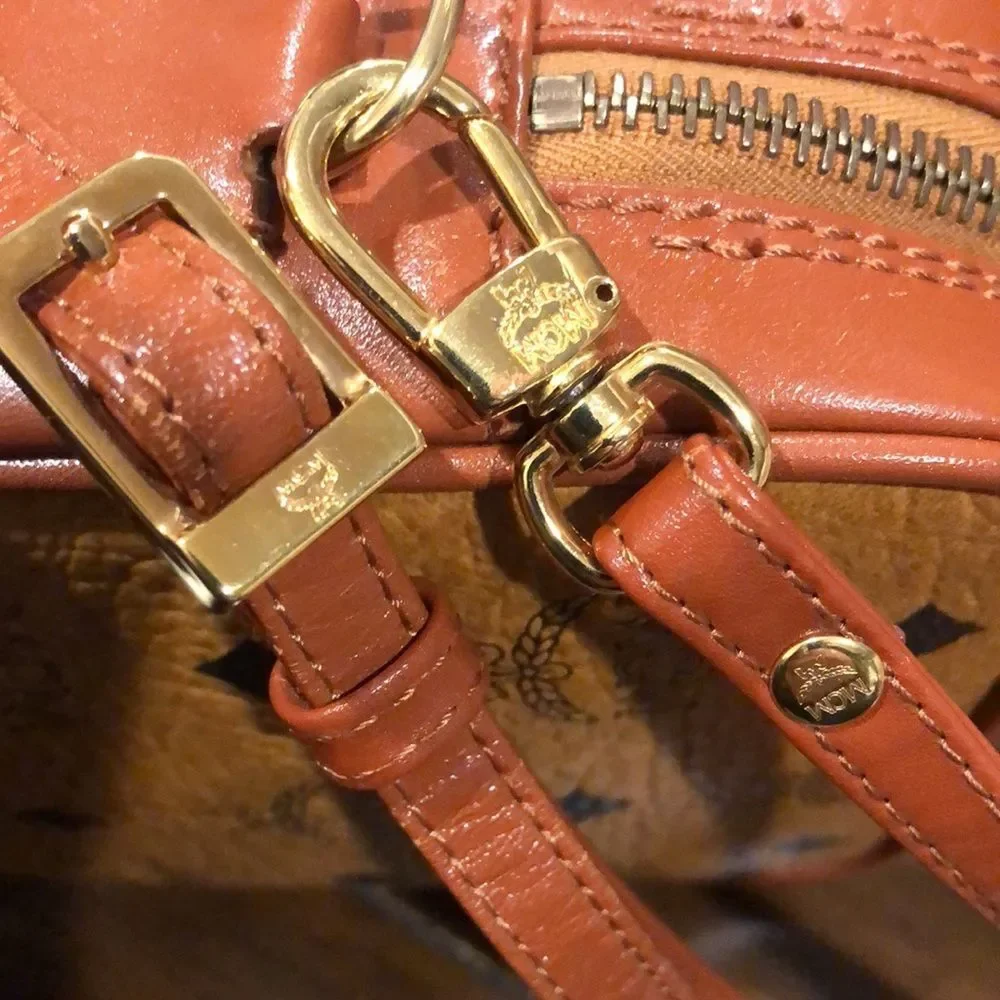 MCM Visetos Cognac Monogram Camera Messenger Bag Leather Lined Mirror EUC RARE